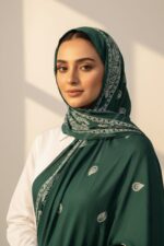 Stripe Embroidery Lawn Hijab - Dark Green