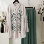 Women fashion embroidered white & green set